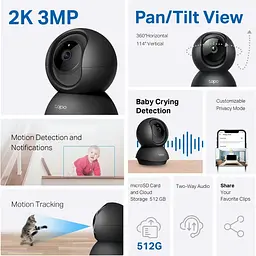 IP-Камера Tapo C211 3MP N300 microSD motion detection чорна TP-Link teh0016039 - мініатюра 5