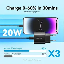 Зарядний пристрій 1xUSB-C 20W + USB-C to Lightning cable М-М Black Vention (G17B0-EU) - мініатюра 4