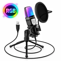 Професійний ігровий мікрофон USB-мікрофон з RGB-підсвіткою, штативом, Pop Filter та Shock Mount
