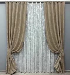 Комплект штор с тюлем VR-Textil Жаккард Мрамор, капучино с белым, 2 шторы 100×270 см + тюль 400×270 см, арт. 71-005/2