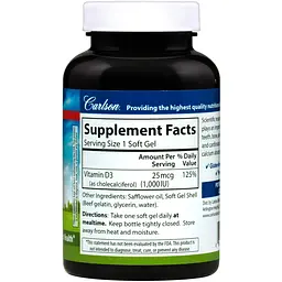 Вітамін D3 Vitamin D3 Carlson Labs 1000 МО 25 мкг 250 капсул - мініатюра 2
