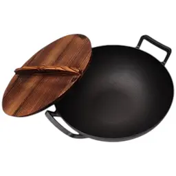 Вок казан Grilli чавунний 35.5x10 см з дерев'яною кришкою (9637) - мініатюра 2