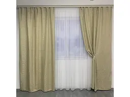 Льняні мармурові блекаут штори золотистого кольору 2шт. 150х270 з білим шифоновим тюлем 400х270, на т ALBO pbe0052664 - мініатюра 4