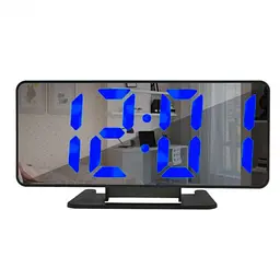 Дзеркальний настільний годинник з будильником і термометром чорний з синім підсвічуванням VST-888