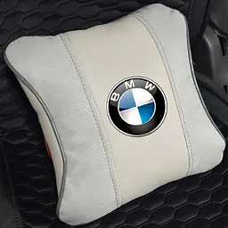 Подушка на підголівник з логотипом Bmw Екошкіра 3D Кольоровий лого Сірий 1 шт