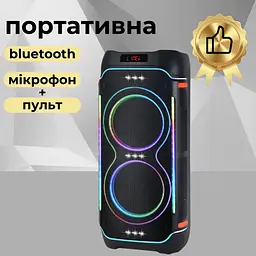 Портативна акустична система 10х2 дюймів 100Вт 2 караоке мікрофона пульт дистанційного керування Bluetooth акумуляторна колонка LED шоу підсвічування 86х39х34см ZXX-5520/ 6500 - мініатюра 3