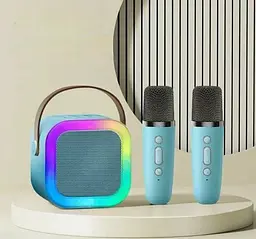 Колонка караоке та 2 мікрофони зі зміною голосу Bluetooth колонка з RGB підсвічуванням UKC K2 блакитна - мініатюра 3