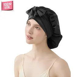 Шовкова жіноча шапка для сну великого розміру MaryuPHair 100% шовк мульбері з регульованою гумкою та бантом (чорний)