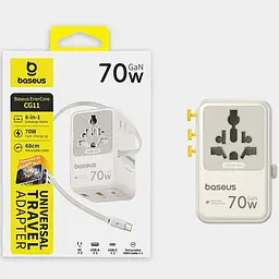 Мережевий універсальний перехідник CG11 70W with retractable cable (2USB-A/3C/1Socket) (E0307E) Baseus teh0029670 - мініатюра 2