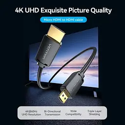 Кабель HDMI M - Micro HDMI M, 1.0 м, V2.0 4K 60Гц 18Gbps чорний Vention - мініатюра 4