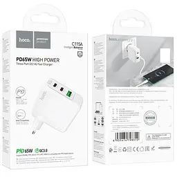 МЗП C115A Header PD65W+QC3.0 (1USB-A/2C) White Hoco teh0029632 - мініатюра 6