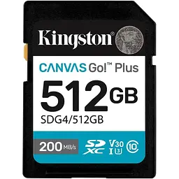 Карта пам'яті Kingston SDXC, 512Gb Canvas Go! Plus, Сlass10 UHS-I U3 V30, до 200/160 МБ/с (SDG4/512GB)