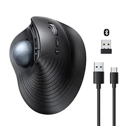 Бездротова вертикальна миша з трекболом UGREEN M785DR Bluetooth 5.4 та 2,4 ГГц із USB-A приймачем 5 рівнів чутливості до 2000 DPI для правої руки перемикання між 3 пристроями заряджання через USB-C безшумна робота налаштування кнопок через ПЗ із зарядним кабелем USB-A → USB-C 1 м темно-сіра з чорними елементами та синьо-сірою кулькою (85892)