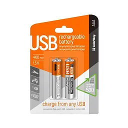 Акумулятори microUSB ColorWay (CW-UBAAA-01) AAA/HR03 Li-Pol 400 mAh BL 2шт - мініатюра 2