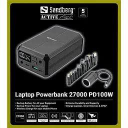 УМБ Sandberg 27000mAh Laptop DC12–24v 84W,100W PD, QC3.0, USB-A, 2xDC, 2xUSB-C, QI-10W, PowerThru - мініатюра 7