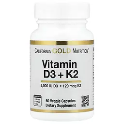 Вітамін D3 та K2 California Gold Nutrition Vitamin D3+K2, 60 вегетаріанських капсул