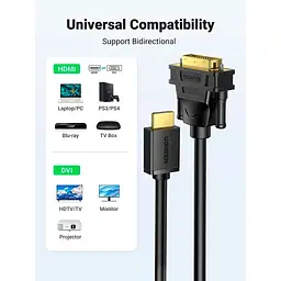 Кабель мультимедійний HDMI M to DVI M 1.5m HD106 black Ugreen (11150) - мініатюра 2