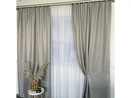 Льняні блекаут штори світло-сірого кольору 2шт. 150х270 з білим шифоновим тюлем 400х270, на тасьмі ALBO pbe0052639 - мініатюра 9