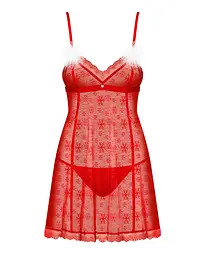 Новорічна сорочка Obsessive Claussica, XS/S, червона, прозора з візерунком, стрінги в комплекті - мініатюра 3