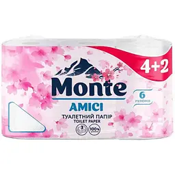 Туалетний папір MONTE 6шт 3шар Аmici 4+2 рулони 110 відривів