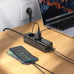 Мережевий зарядний пристрій подовжувач Hoco NS10 USB/3 Type-C PD 67W 2 розетка 2m чорний - мініатюра 2