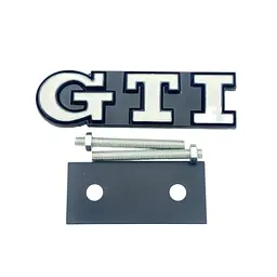 Емблема напис GTI у решітку 91х21мм БІЛА+Чорна окантовка метал (на кріпленнях)