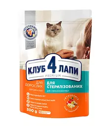 Сухий корм для дорослих стерилізованих і кастрованих котів CLUB 4 PAWS Premium з куркою, 300 г