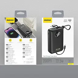 УМБ Dudao 20000mAh K14+ 22,5W PD,QC USB-A,USB-C In/Out,with built-in USB-C/Lightning cables Black - мініатюра 3