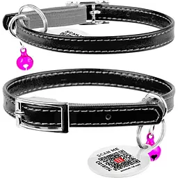 Нашийник для котів Waudog Glamour шкіряний з еластичною вставкою та QR паспортом 22-30х0.9 см чорний - мініатюра 3