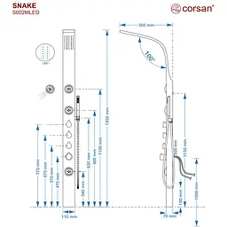 Душова панель Corsan Snake black LED S002MBLLED, Чорний матовий - мініатюра 5