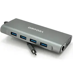 Хаб-конвертор Veggieg TC11-S Type-C (тато) на Type-C(мама) + USB3.0*3(мама) + HDMI(мама) + jack3.5(мама) + SD/TF + RJ45, 10 см, Silver, Box
