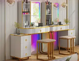Туалетний столик Costway Vicci з пуфом + дзеркало LED - мініатюра 3