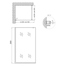 Душова перегородка Qtap Walk-In Standard BLM201.C8 100x200 см, скло Clear 8 мм, покриття CalcLess, прозорий, чорний - мініатюра 2