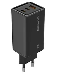 Зарядний пристрій ColorWay GaN3 Pro, чорний, 65 Вт, 1xUSB, 2xType-C, USB Auto ID (CW-CHS039PD-BK)