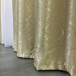 Льняні штори "бите стекло" золотистого кольору 2шт. 150х270 з білим шифоновим тюлем 400х270, на тасьмі ALBO pbe0052736 - мініатюра 4