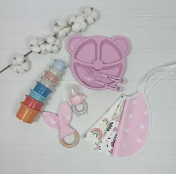 Набір дитячий з тарілочкою, ніблером, пірамідкою a.l.babybox Рожевий