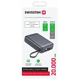 Батарея універсальна SWISSTEN 20000mAh SPACE 22/5W PD QC w/built-in cables USB-C/LIGHTNING Silver (8595217490598) - мініатюра 2