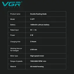 Тример для волосся VGR V-377 синій • Акумуляторна машинка для стрижки Hair Clippers V-377, шейвер для бороди, вусів та окантовки - мініатюра 3