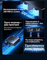 Мережевий розгалужувач UGREEN NW301 Ethernet-сплітер 1 вхід RJ45 і 2 виходи RJ45 одночасне підключення двох дротових пристроїв до спільної мережі 100 Мбіт/с для роботи потрібне живлення 5 В через USB-C не потребує налаштування індикатори живлення та мережевого з’єднання кабель живлення з роз’ємами USB-A і USB-C довжиною 0,5 м у комплекті темно-графітовий корпус зі сріблястими обрамленнями портів (35597) - мініатюра 6