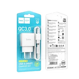 Мережевий зарядний пристрій з кабелем Hoco C140A Smart single port QC3. 0 charger set (Micro)(EU) білий - мініатюра 2