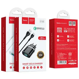 Мережевий зарядний пристрій 1USB Hoco C12Q 3A White + USB Cable Type-C - мініатюра 3