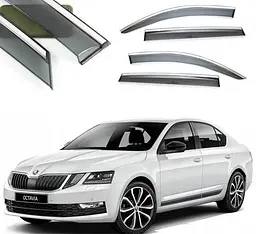 Дефлектори вікон вітровики Benke для Skoda Octavia A-7 Ліфтбек 2013-2019 Хром Молдинг Із Нержавіючої Сталі 3D
