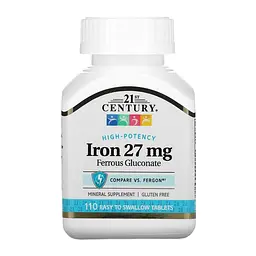 Залізо 21st Century 27 мг (Iron Ferrous Gluconate) - 110 таблеток