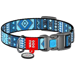 Нашийник для собак Waudog Nylon Етно синій, з QR паспортом, пластиковый фастекс, M, 24-40х2 см