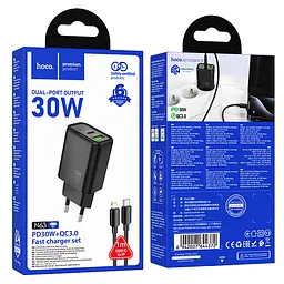 МЗП Hoco N63 Gentle PD30W+QC3.0 (1USB-A/1C) + кабель Type-C to Lightning Black - мініатюра 6