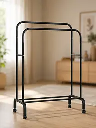 Подвійна стійка для одягу та взуття Loft Rack сталева на коліщатках ЧОРНИЙ / Вішалка подвійна розкладна зі стопорами та полицями для взуття 150х110х57 см