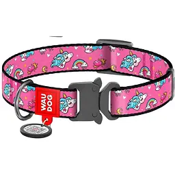 Нашийник для собак Waudog Nylon Єдинороги, з QR паспортом, металева пряжка-фастекс, 23-35х1,5 см
