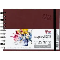 Блокнот для акварелі Rosa Studio Watercolor A5, 200 г/м², 32 арк., горизонтальний, на спіралі (бордо)