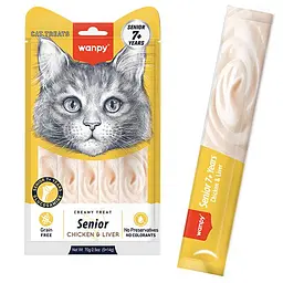 Рідкі ласощі для літніх котів Wanpy Creamy Senior Ванпі Курка з Печінкою з лактобактеріями та глюкозаміном 5 шт по 14 г