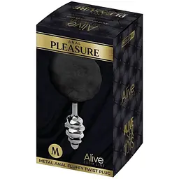 Металева анальна пробка Кролячий хвостик Alive Fluffy Twist Plug M Black діаметр 3.4 см - мініатюра 3